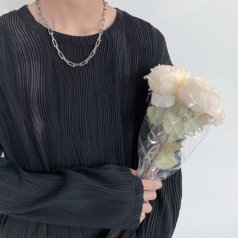 Áo Thun Tay Dài Vải Lụa Lạnh Xếp Ly Dáng Rộng Phong Cách Đường Phố Nhật Bản Cho Nam Cỡ M-3XL 2 Màu Lựa Chọn