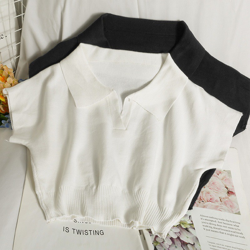 Áo Thun Dệt Kim Tay Ngắn Cổ Bẻ Màu Trơn Dáng Ôm Thời Trang Cho Nữ
