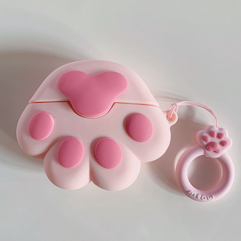Vỏ Bảo Vệ Hộp Sạc Tai Nghe AirPods 1 2 3 Pro Bằng Silicon Hình Chân Mèo Màu Hồng Trắng Dễ Thương Kèm Dây Đeo