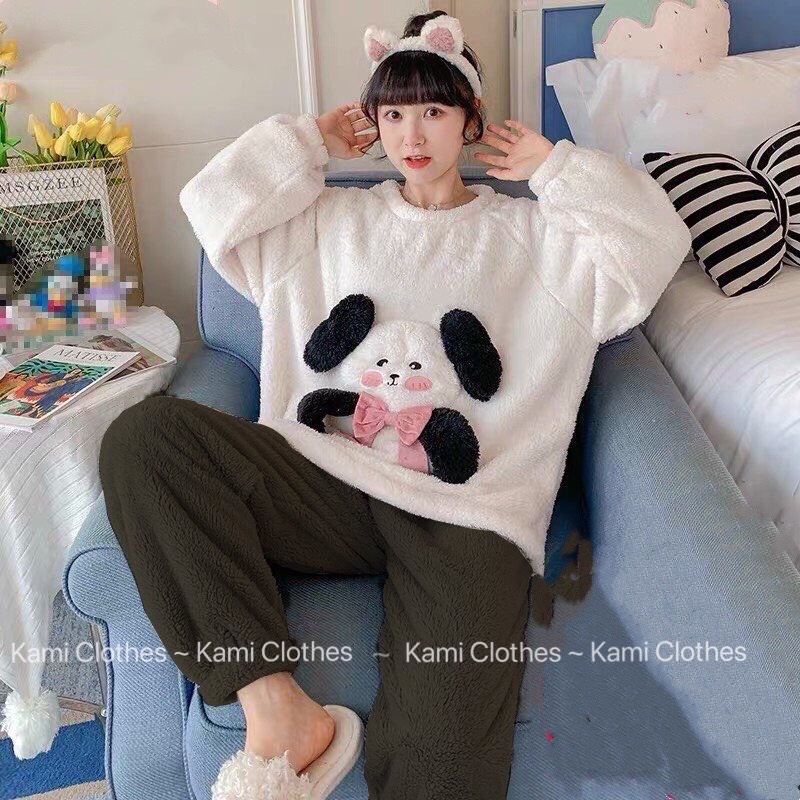 Set thỏ lông mềm áo trắng mix quần đen dài tay thu đông, set bộ ngủ nữ - KAMI Clothes - Hàng mới về