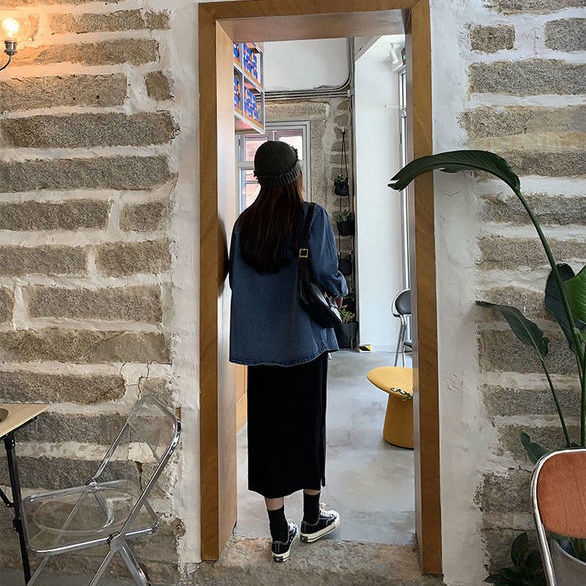 COZOK Áo sơ mi denim tay dài form rộng theo phong cách Vintage