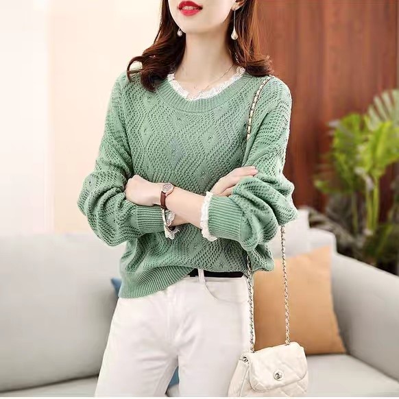 Áo len nữ phom dáng rộng chất dày cổ tròn chui đầu pha ren thời trang thu đông mới