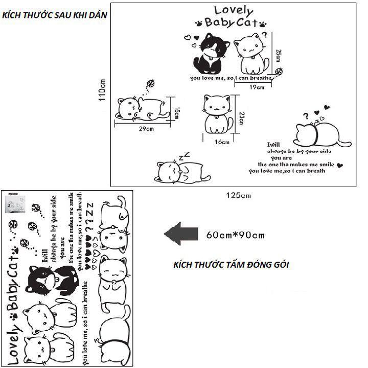 Decal dán tường đẹp có sẵn keo [GIÁ SĨ] Mèo con tinh nghịch - MSP: DKN044