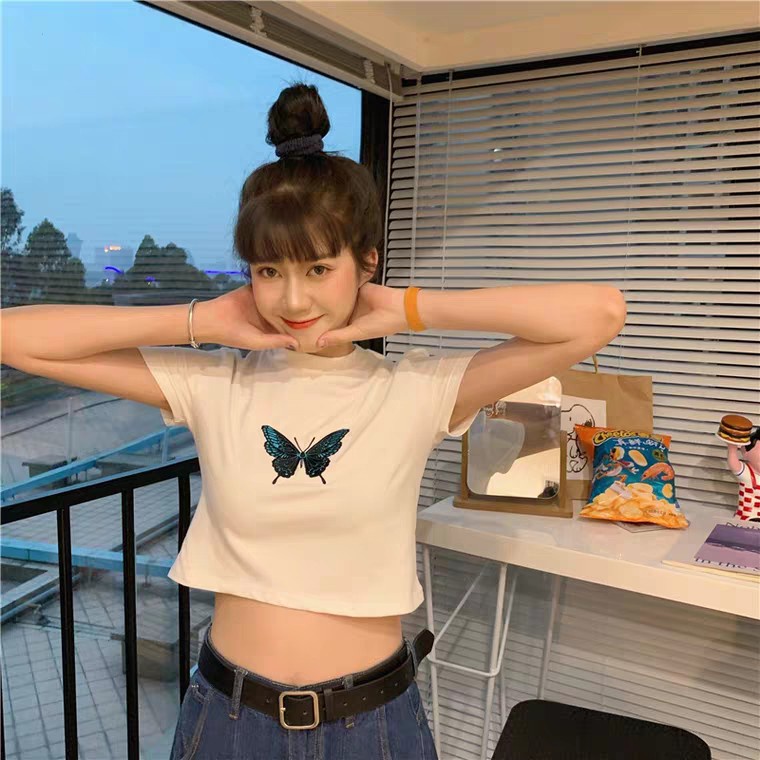 ÁO CROPTOP THUN NGẮN TAY CỔ TRÒN THÊU HÌNH CON BƯỚM ULZZANG ĐEN TRẮNG