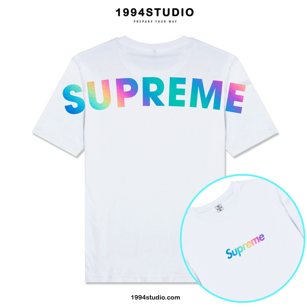 Áo thun unisex In hiệu ứng Hologram chữ Supreme Bản Limited Phản Quang 7 Màu Áo phông cotton cổ tròn nam nữ-