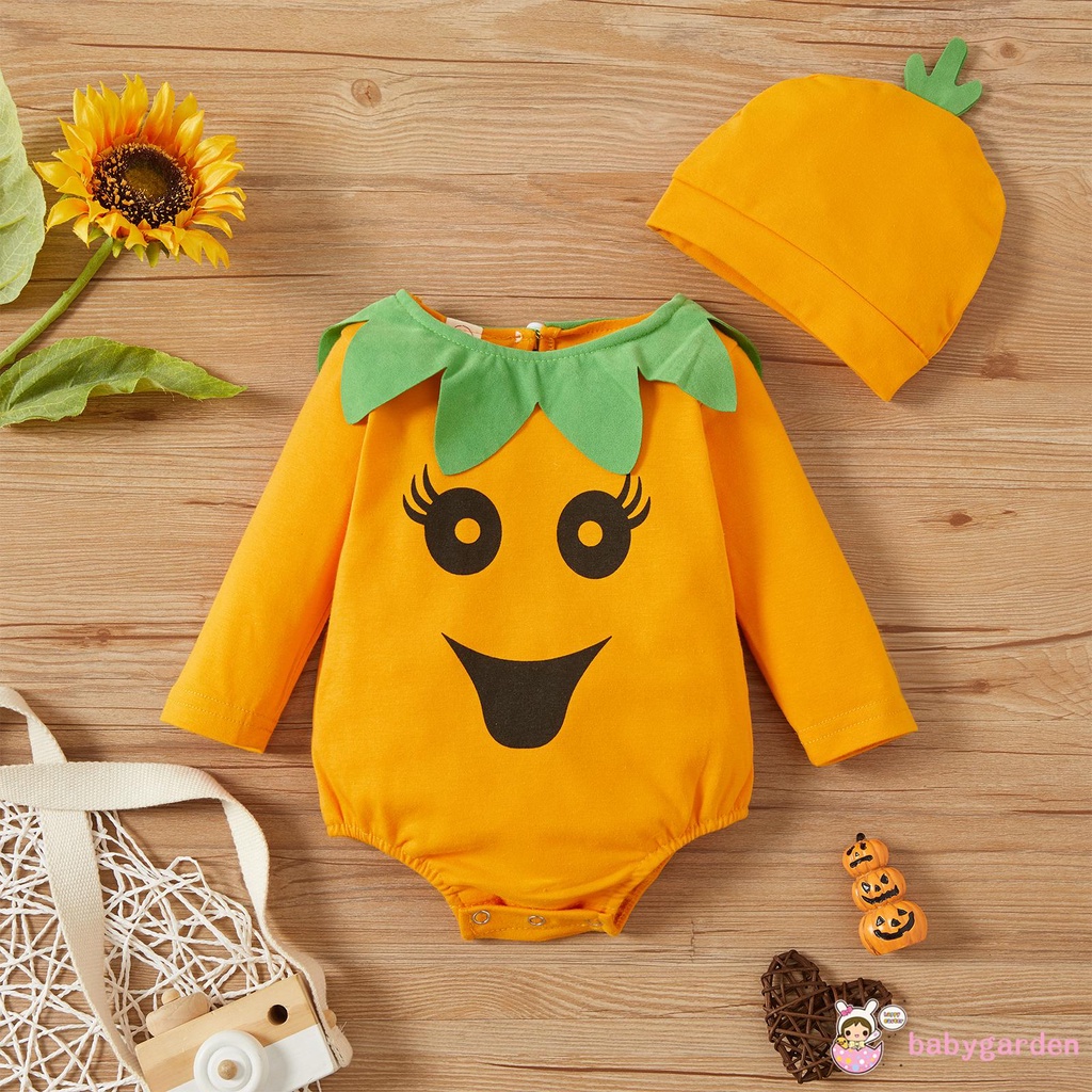 Bộ Áo Liền Quần Tay Dài Cổ Tròn + Mũ In Họa Tiết Halloween Cho Bé