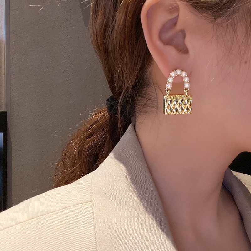 Bông Tai Mạ Bạc 925 Hình Túi Xách Đính Ngọc Trai Thời Trang Dành Cho Nữ