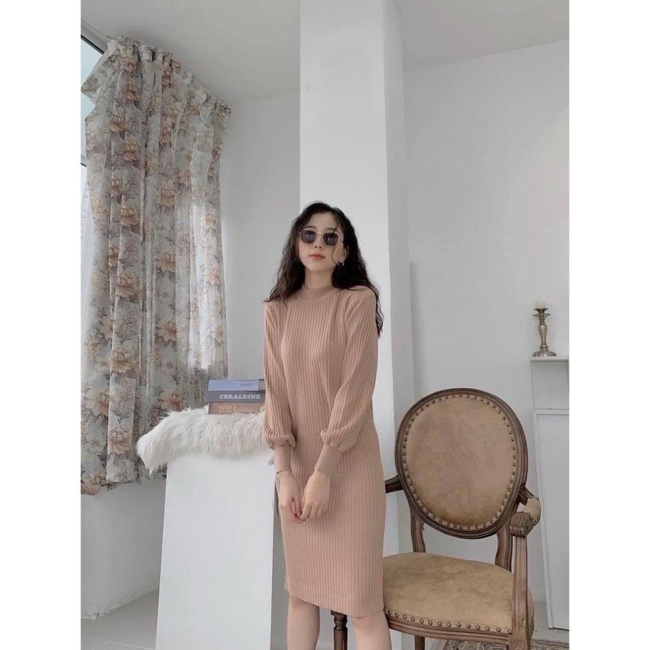 Váy len tay bồng- Đầm Bầu len dáng suông ấm áp thời trang cho mẹ bầu