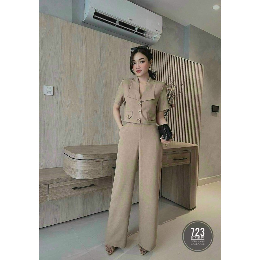 Set Đồ Nữ Sang Chảnh Đi Chơi, Đi Tiệc, Bộ Áo Vest Tay Ngắn Cách Điệu Phối Quần Ống Rộng Thời Trang Nữ Xm Minh Phúc