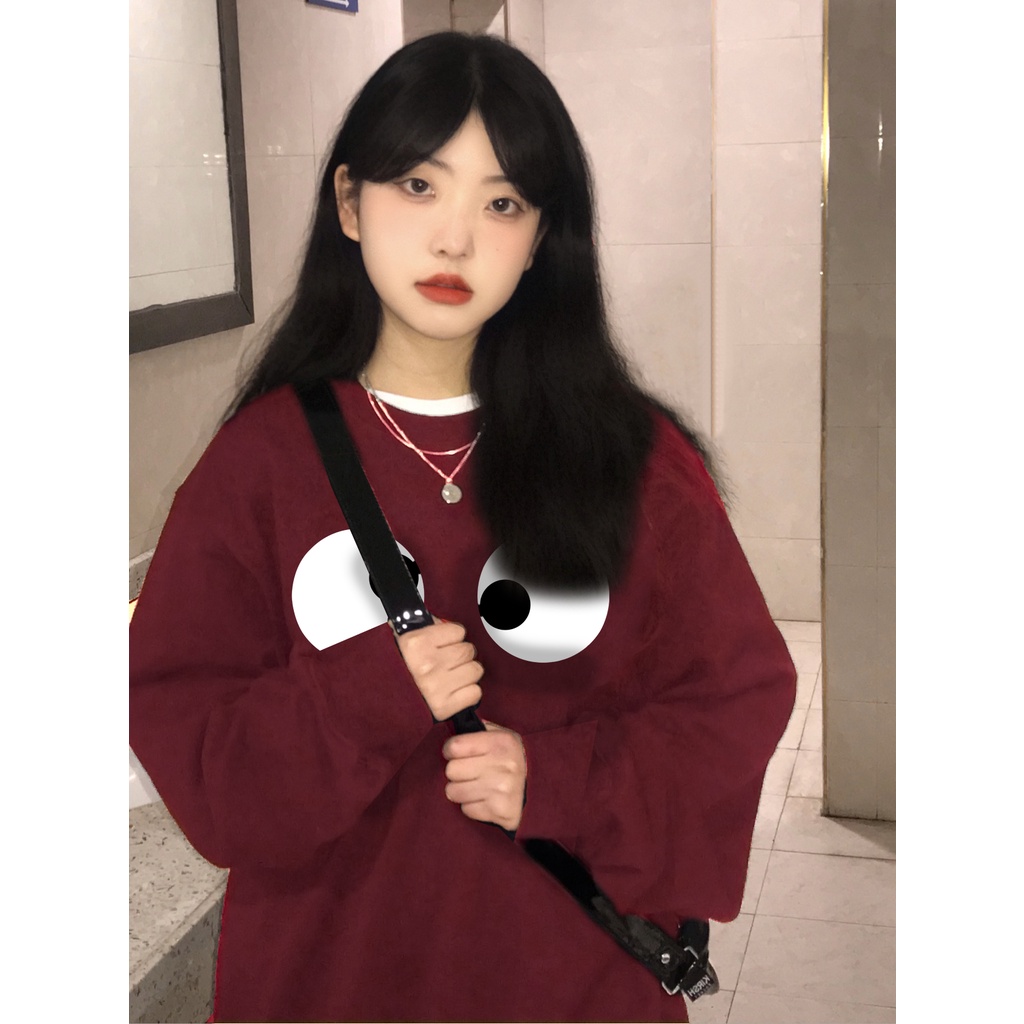 SELVZE Áo sweater tay dài cổ tròn dáng rộng vải cotton in họa tiết thời trang cao cấp