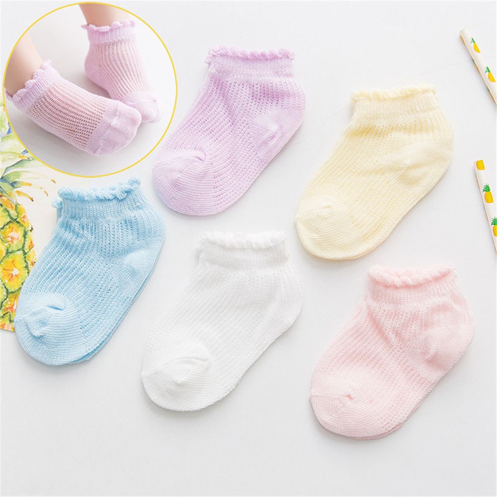 Bộ 5 đôi vớ cotton màu trơn phối lưới thoáng khí siêu mỏng thời trang mùa hè dễ thương cho bé