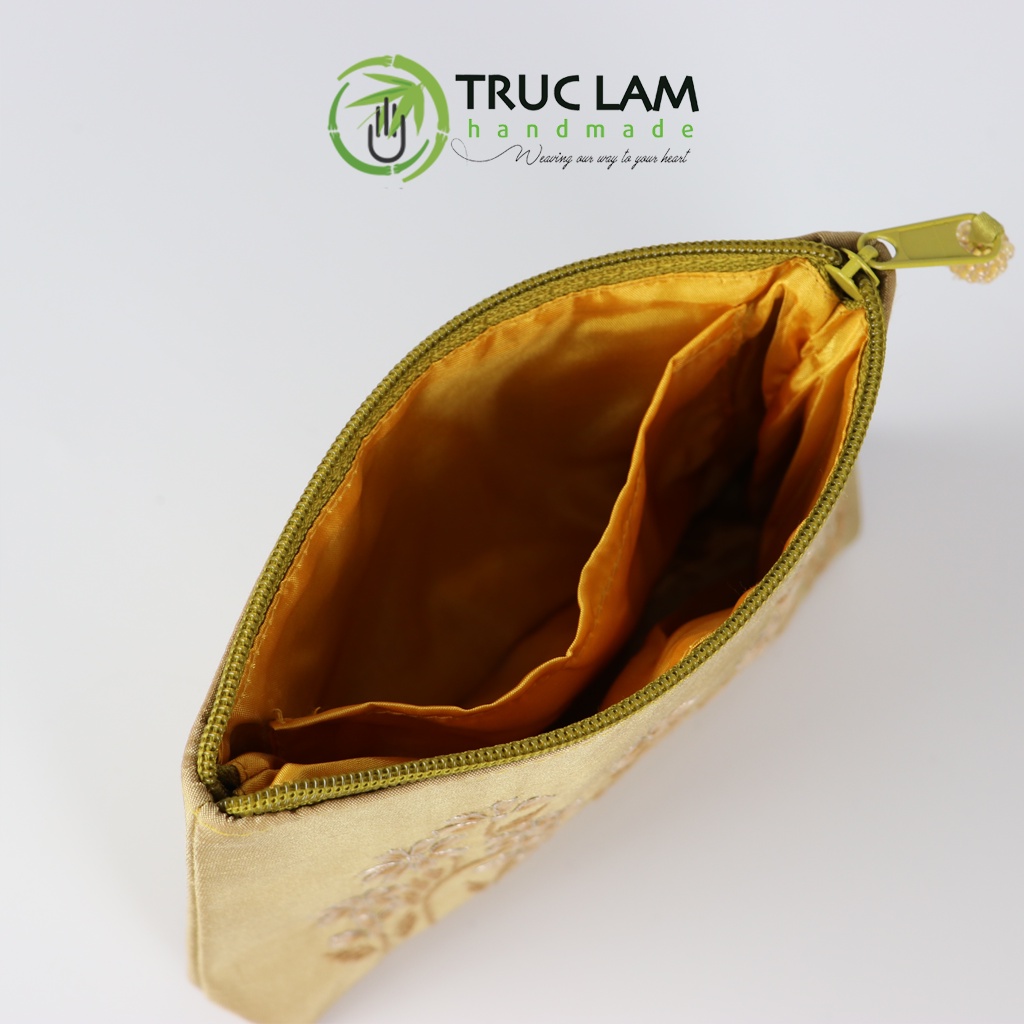 Ví Cầm Tay Túi Đựng Vải Tafta Họa Tiết Hoa Cỏ Thêu Tay - Trúc Lâm Handmade
