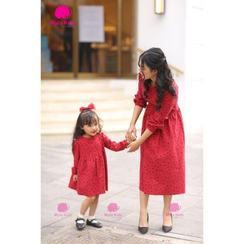 Set váy thu đông mẹ và bé gái, váy xòe công chúa chấm bi đỏ cho bé 1-2-3-4-5-6-7-8-9-10 tuổi Mylakids
