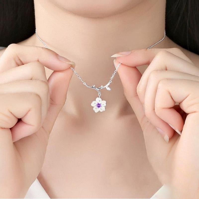 Vòng cổ bạc Ý TNC JEWELLERY 925 cành hoa anh đào hồng thanh lịch cho nữ