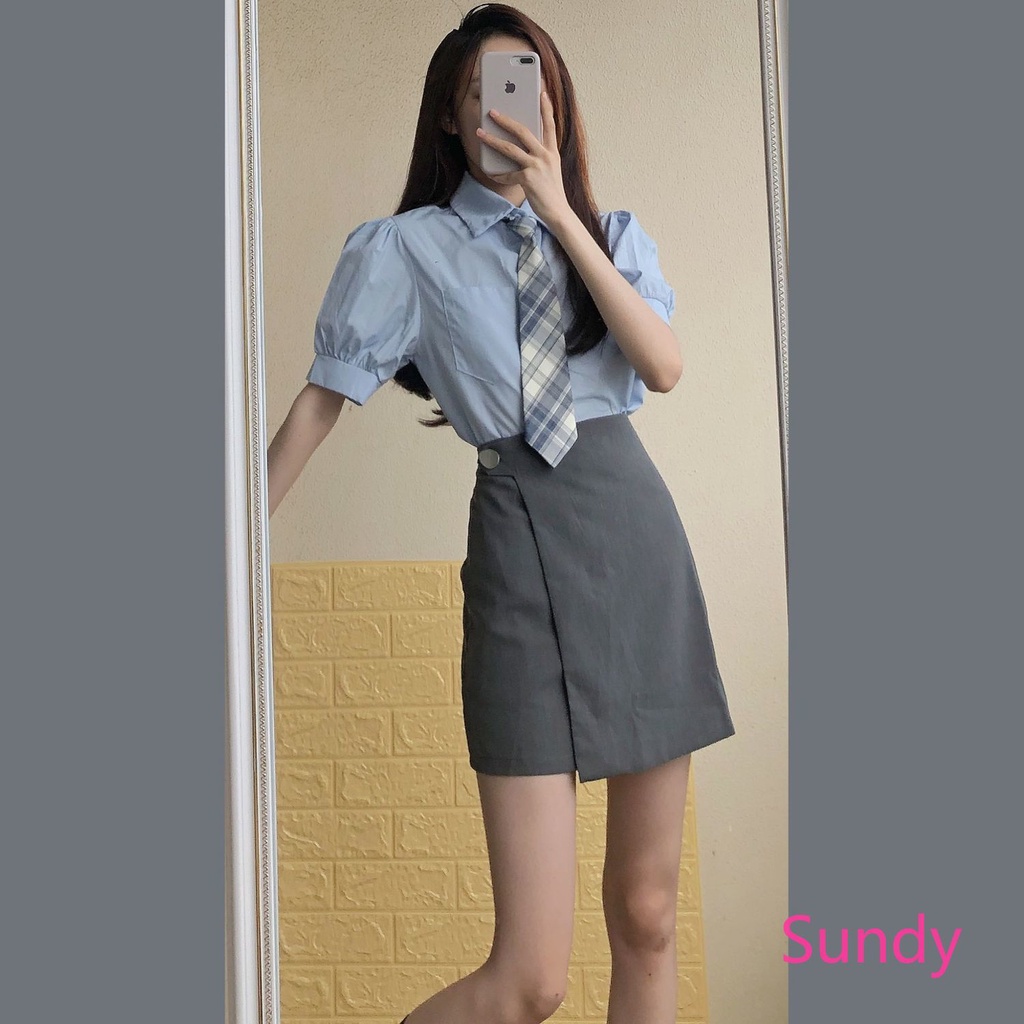 Set Áo Tay Phồng Màu Xanh Dương + Chân Váy Bất Đối Xứng Phong Cách Hàn Quốc Cho Nữ