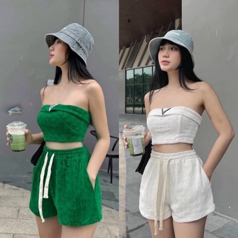 Có Sẵn Mút Ngực Set Bộ Mặc Đi Chơi Mặc Nhà Chất Xốp Áo Croptop Ống Kèm Quần Short Siêu Ca o567