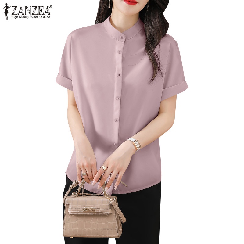 Zanzea Áo Sơ Mi Tay Ngắn Cổ Đứng Màu Trơn Phong Cách Hàn Quốc Thời Trang Cho Nữ