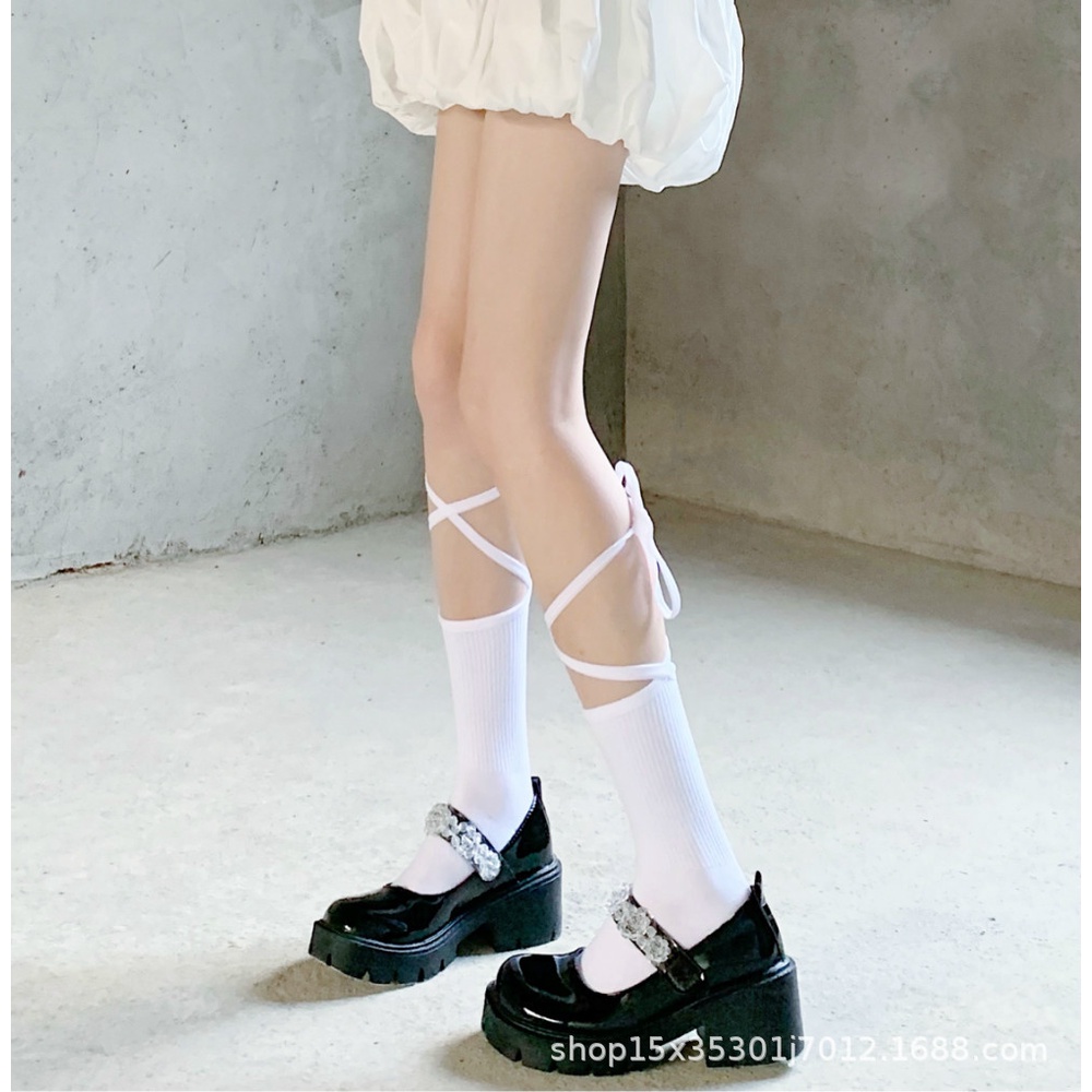 Vớ Mỏng Cổ Cao Buộc Dây Màu Trắng / Đen Phong Cách Nhật Bản Thời Trang Xuân Thu Cho Nữ