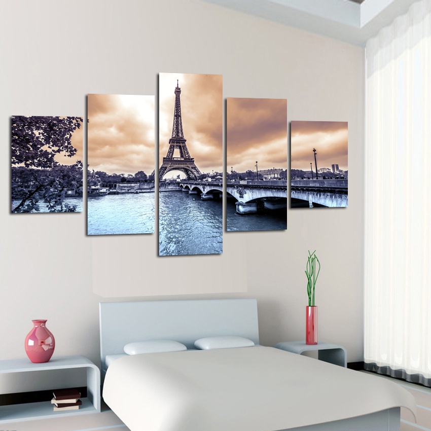 Bộ 5 Tranh Treo Tường Trang Trí Nội Thất Hình Phong Cảnh Tháp Eiffel