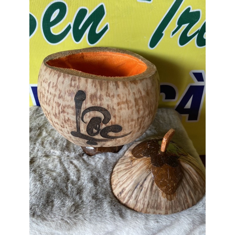 Vỏ bình  trà trái  dừa  1200ml| Bộ giữ ấm trà bằng trái dừa khắc Lazer có đế - mỹ nghệ dừa Bến Tre - tặng kèm ấm trà