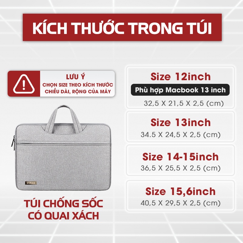 Túi chống sốc laptop có quai xách Gu Bag, nhiều ngăn, đệm dày, lót nhung, phù hợp nhiều dòng laptop