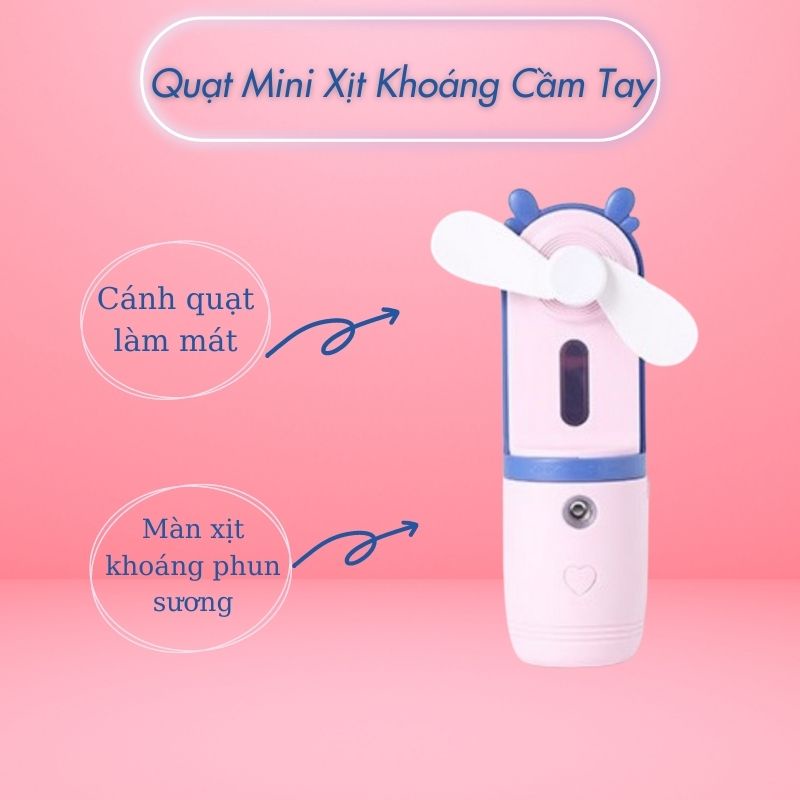 Quạt Phun Sương Mini Cầm Tay Tích Điện Phun Hơi Sương Xịt Khoáng Tạo Ẩm Làm Mát Có Đèn Led Tiện Dụng Nhỏ Gọn