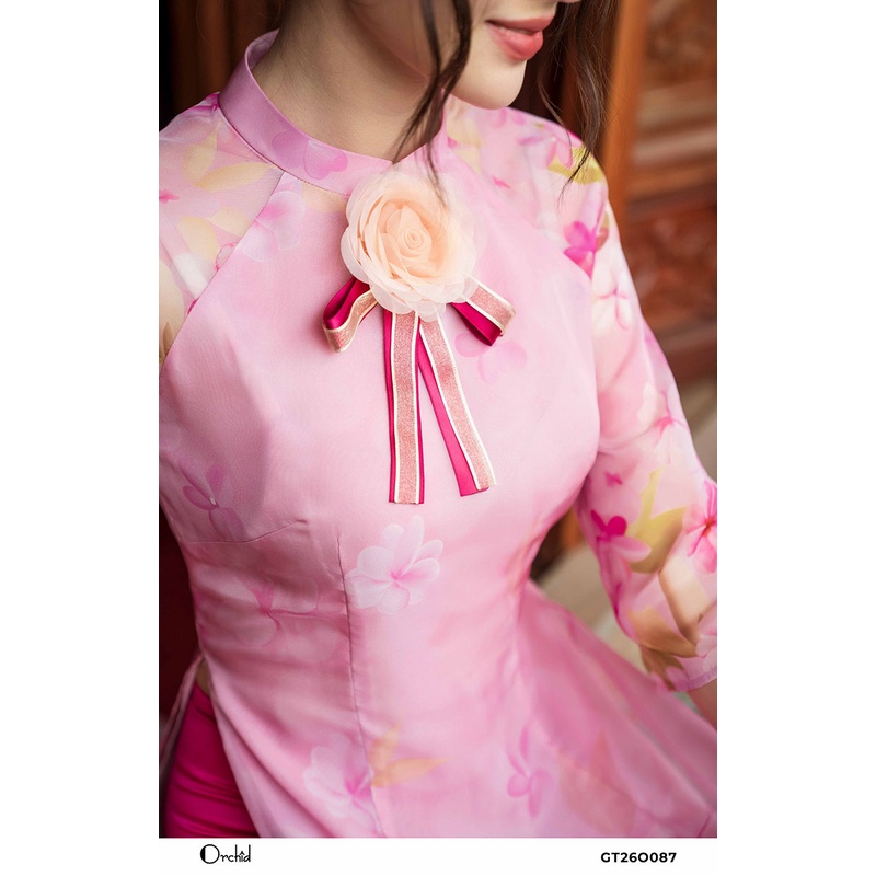 Bộ áo dài cách tân họa tiết hoa nhí kèm nơ thanh lịch Chất liệu tơ cao cấp Orchid GT26O087