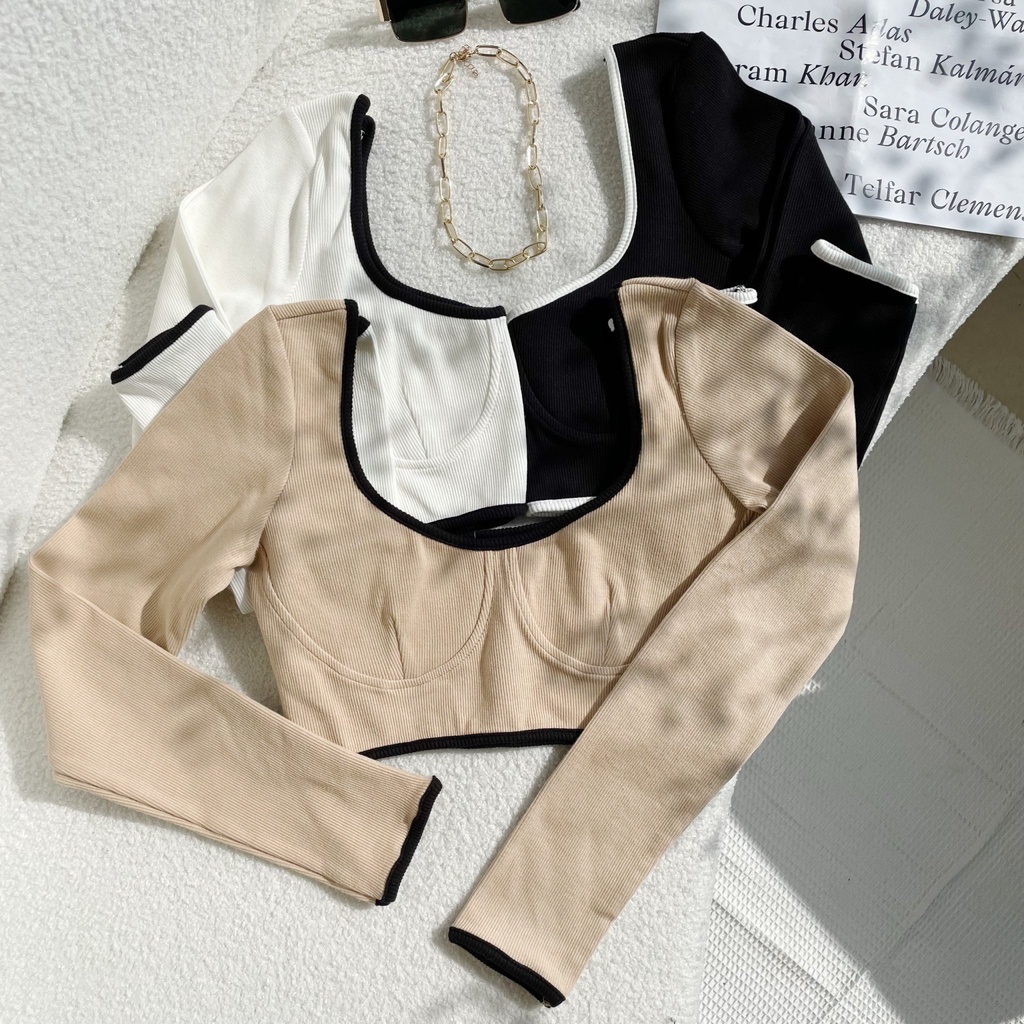 Áo croptop nữ body dài tay TOPTIFY thun gân cổ vuông viền ngực Peony Top AC210