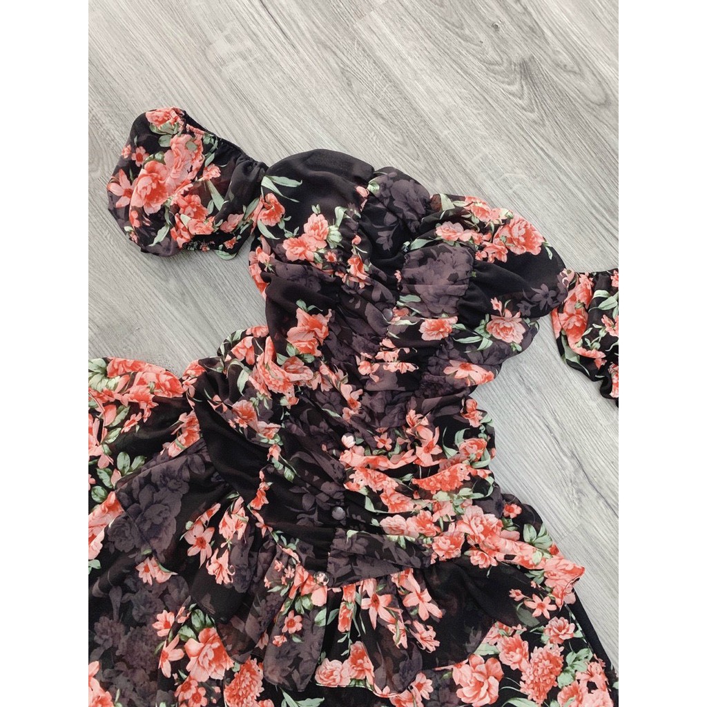 Đầm hoa nhún bẹt vai 👗SANG TRỌNG👗 Tôn Dáng Che Khuyết Điểm Eo