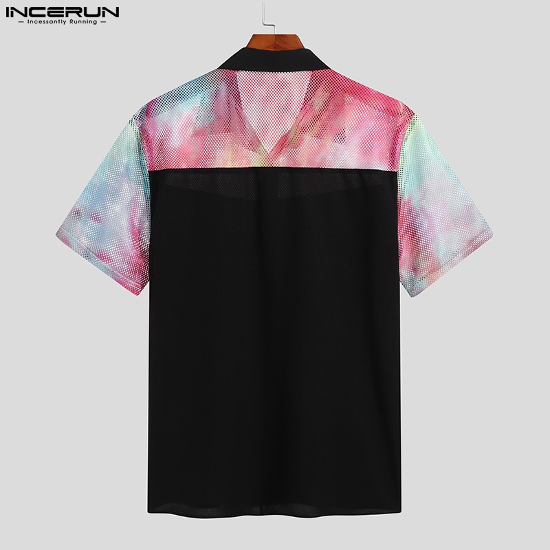Áo sơ mi INCERUN cho nam tay ngắn xuyên thấu màu nhuộm độc đáo thời trang