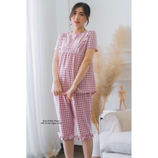 EVERMOM | Bộ bầu mặc nhà karo kết hợp sau sinh khóa ngang