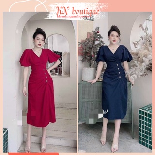 Đầm đẹp sang trọng quý phái rũ nút chéo váy đẹp đi đám cưới cổ tim tay phồng K N Boutique