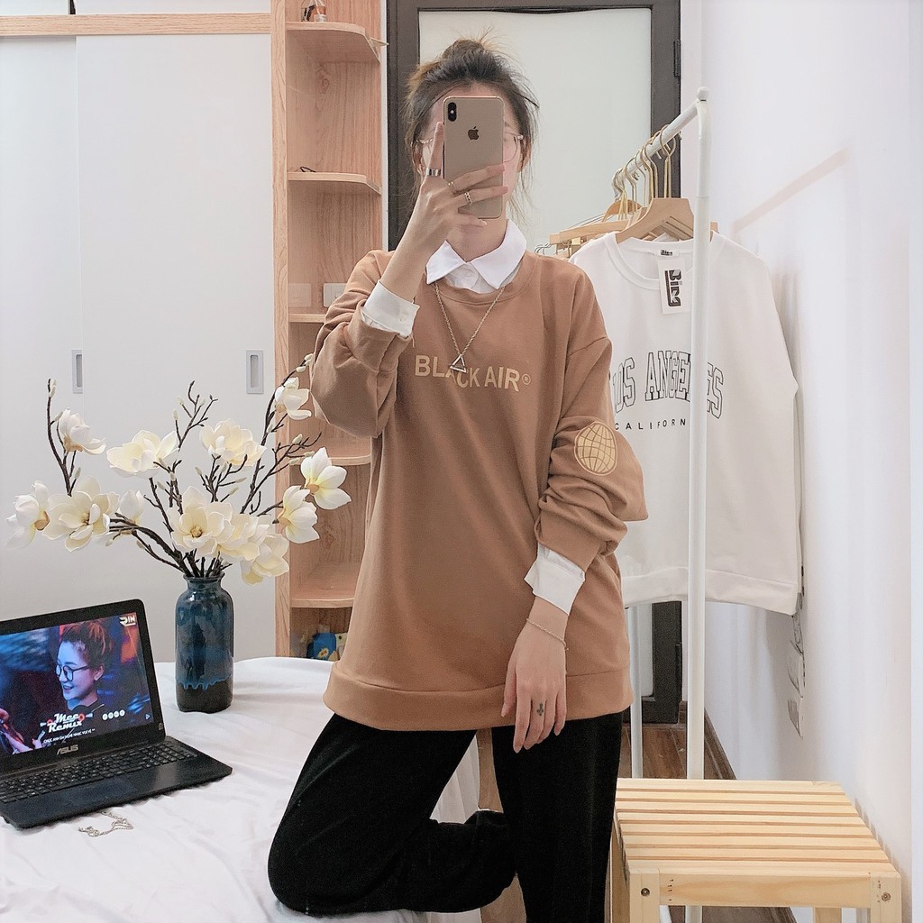 Áo nỉ sweater Blackair tay phồng Shynstores - áo nỉ ullzzang dài tay vải đẹp freeship