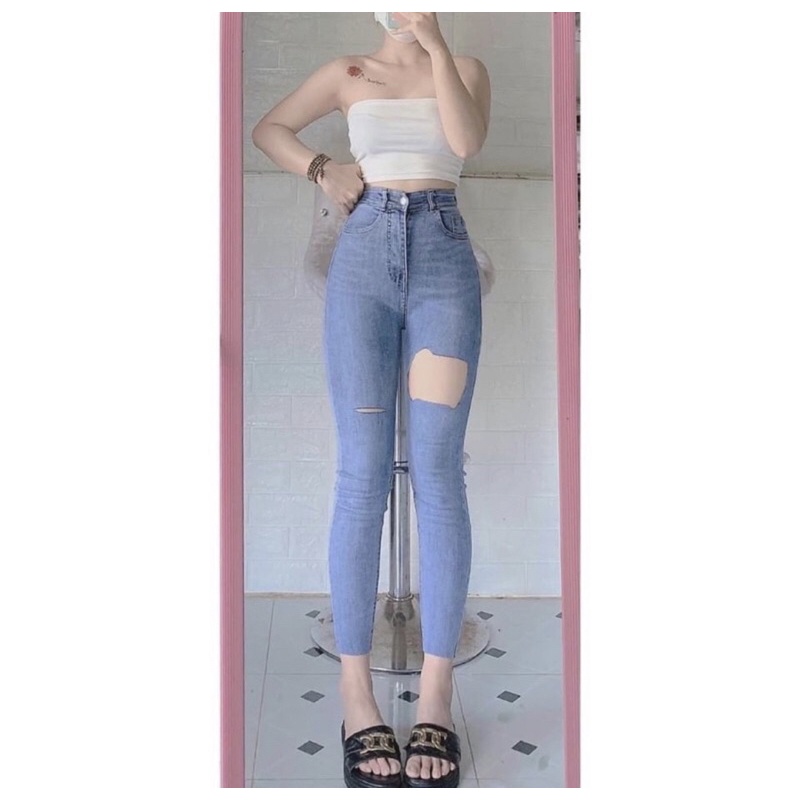 Quần Jean Nữ Skinny Rách Bản To Siêu Ngầu Màu Xanh Nhạt/Xanh Trung Râu Mèo. Cạp Cao Co Giãn Mạnh