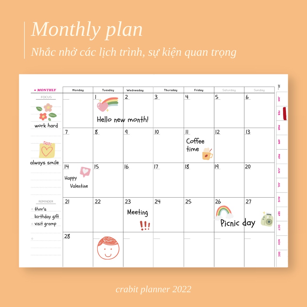 Sổ lịch planner A5 Crabit Sổ kế hoạch 12 tháng không in ngày bìa pastel có túi bìa sau