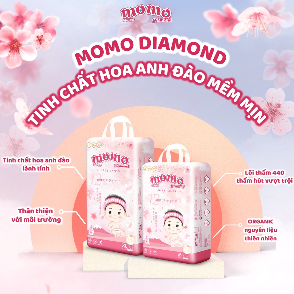 [Tinh Chất Hoa Anh Đào] Combo 4 Bịch Bỉm Tã Dán/Quần MOMO DIAMOND Cao Cấp S256/M248/M240/L216/XL200/XXL192/XXXL184