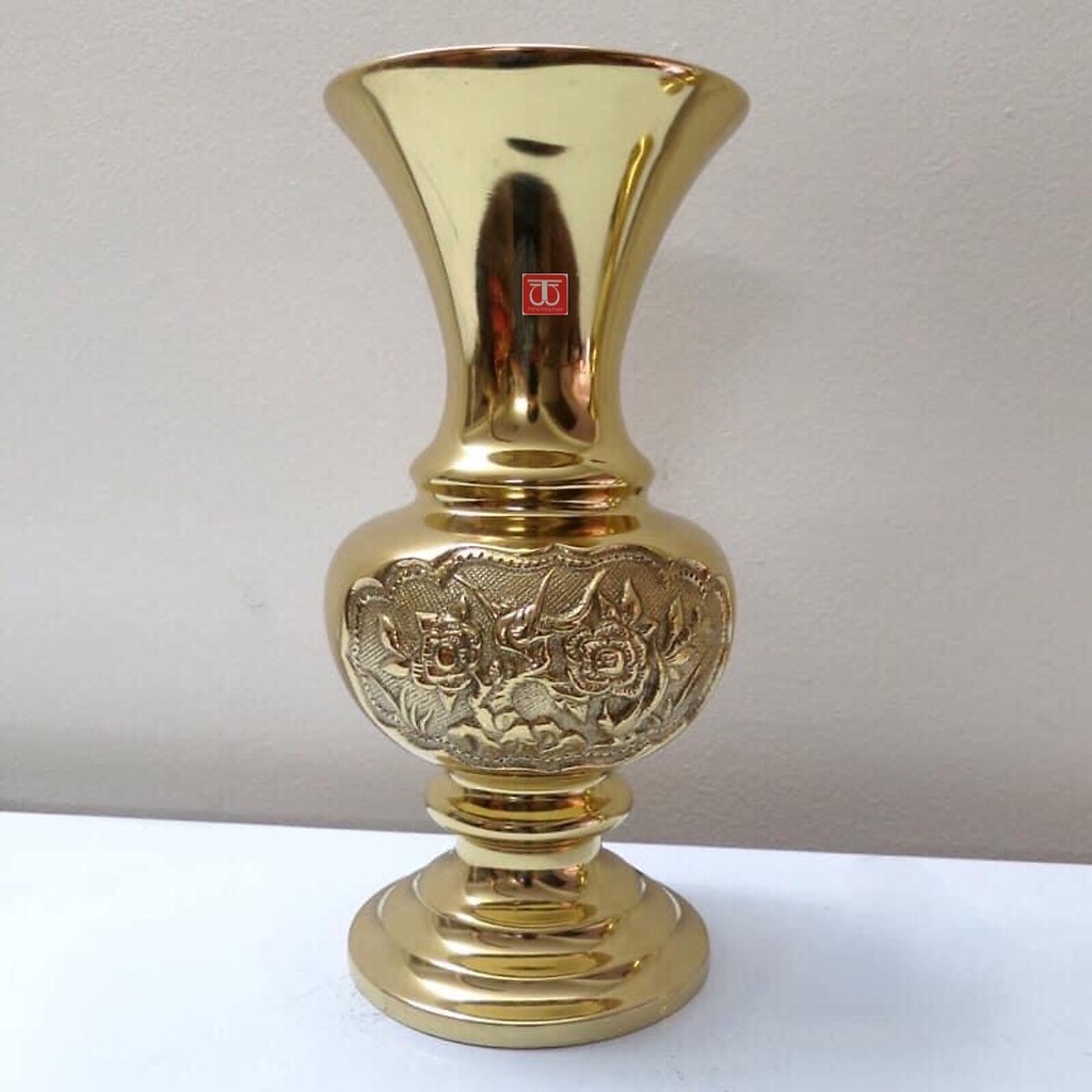 LỌ HOA CÚC ĐỒNG CHẠM TRỔ HOA VĂN VÀNG BÓNG - TL194- Đồ thờ Tịnh Phương