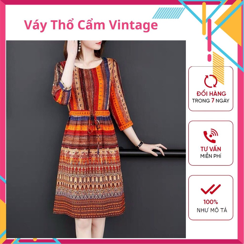 Váy Thổ Cẩm Vintage, Đầm Xòe Đẹp, Vải Lụa Mát Mẻ, Không Nhăn, May Kĩ, Form Chuẩn