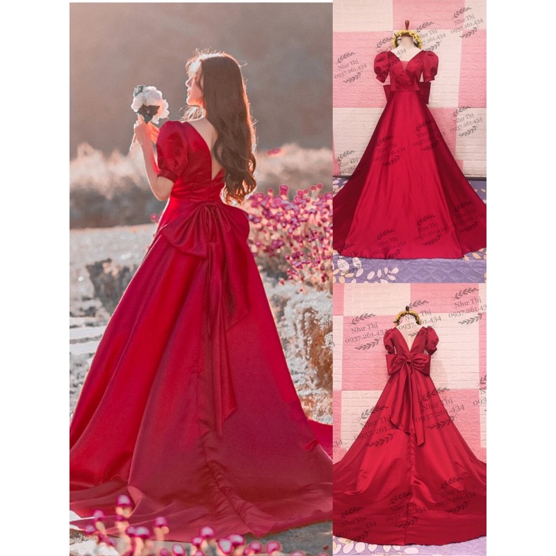 Váy cưới phi trắng tay phồng đuôi cá dài, dạ hội cưới đơn giản, váy cưới hàn quốc