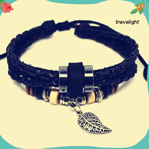 Vòng Tay Giả Da Nhiều Lớp Mặt Hình Chiếc Lá Thời Trang Unisex