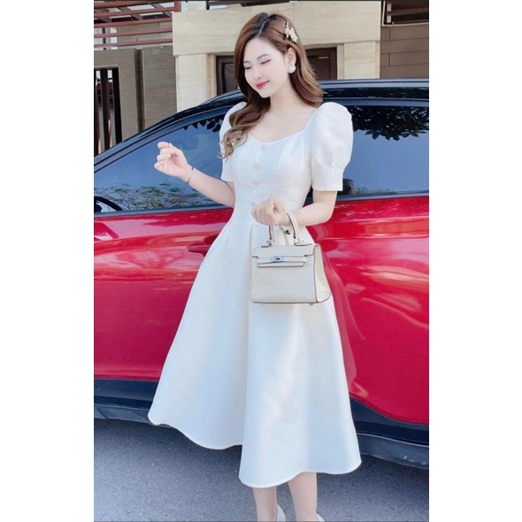 ĐẦM ĐI TIỆC TAY PHỒNG ÔM EO DÁNG XÒE QUA GỐI THANH LỊCH, CHẤT VẢI TAPPTA LOẠI 1 DÀY ĐẸP