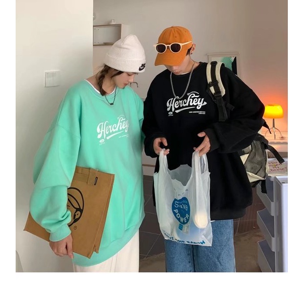 Áo Sweater cổ tròn lót nhung in chữ thời trang Hàn Quốc cho cặp đôi