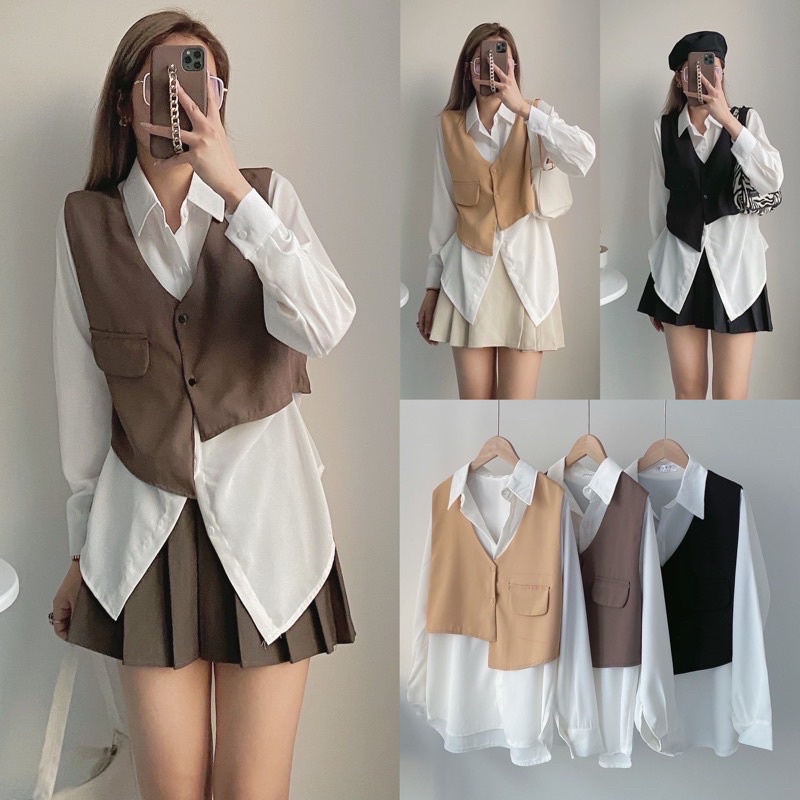 Set đồ Jenie gồm áo sơ mi kèm gile Set gile sang chảnh phong cách Hàn Quốc