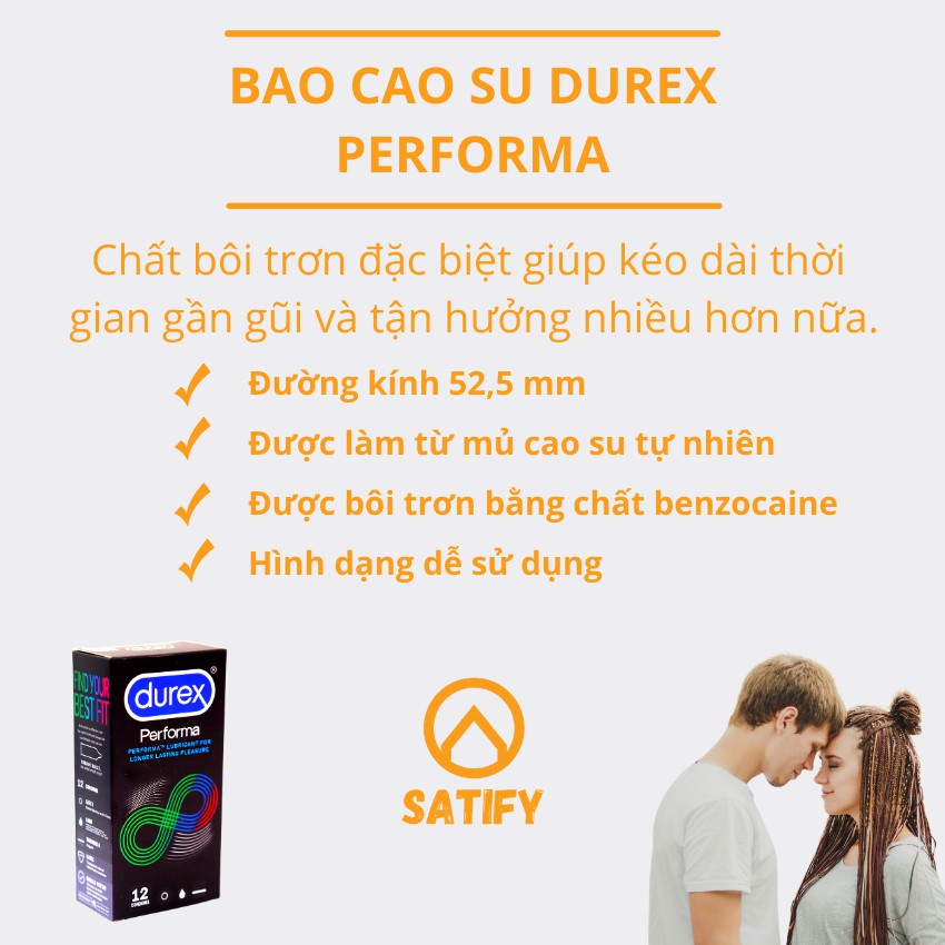 Bao cao su Durex Performa kéo dài thời gian hộp 12 cái, bcs Durex Performa cao cấp