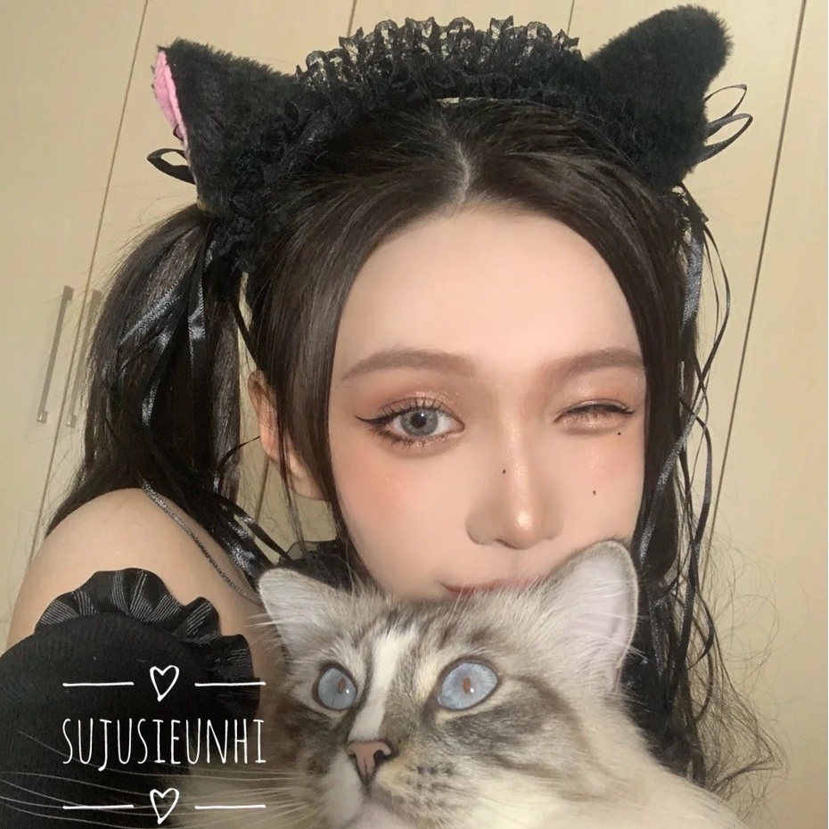 (đen,trắng) Bờm tóc tai mèo đính chuông buộc nơ tua rua thả dài dễ thương, băng đô cosplay nekochan