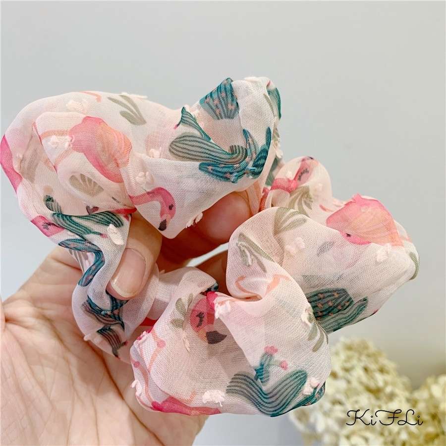 Dây Buộc Tóc Chiffon Họa Tiết Chim Hồng Hạc Dễ Thương Cho Nữ KIFLI