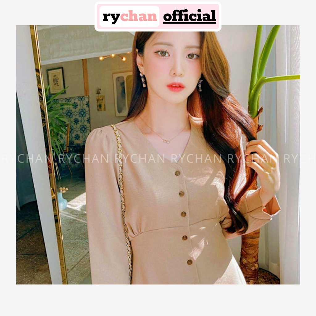 Đầm Xòe Midi Nude Cổ V Tay Dài Buộc Lưng  - DX9681