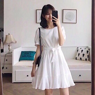 váy trắng vintage tiểu thư thắt nơ eo đuôi cá kèm ảnh thật