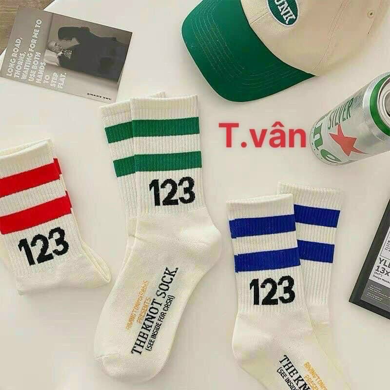 Tất, vớ Hàn Quốc unisex nam nữ 2 sọc số 123 cổ cao hàng đẹp