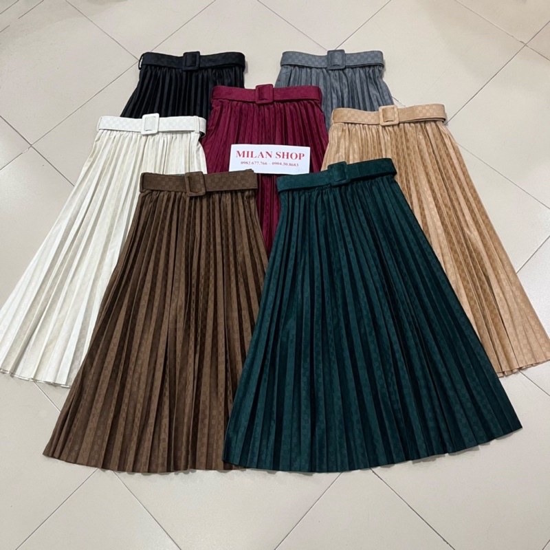 Chân váy nhung xếp ly dập ô kèm đai sang sịn